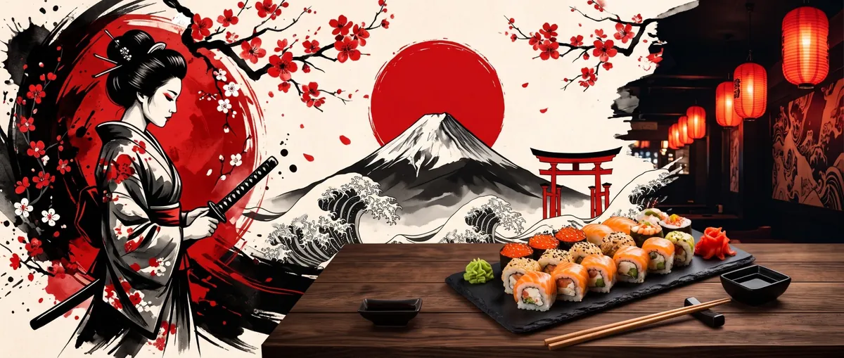 Yapon rəsmi: sakura budaqları, kimonolu qız, Fuci dağı, torii qapısı və suşi süfrəsi