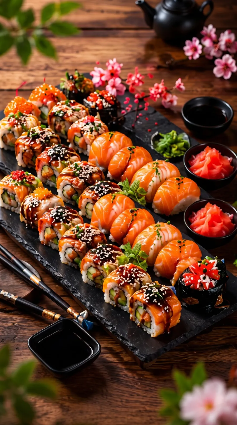 Qızılbalıqlı rollar və nigiri süfrəsi